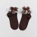 Brown Lolita ankle socks with white lace trim and elegant brown ribbon bow detail - One Size / Coffee