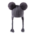 Close-up of purple knit hat for kids with dual faux fur pom-poms and braided tassels - Gray