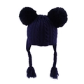 Dark blue knitted baby winter hat with double fur pom-poms and braided earflaps - Navy Blue