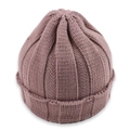 Detailed close-up of thick ribbed knit pattern on dark mauve winter beanie for children - Khaki