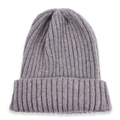 Detail view of the gray ribbed knit beanie showing thick texture and folded cuff style - Medium Grey
