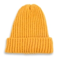 Detailed close-up of bright yellow ribbed knit beanie with cuffed design for winter - Yellow