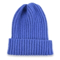 Detailed close-up of dark blue knitted beanie featuring a classic thick ribbed weave texture - Denim Blue