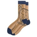 Detail of vintage pocket watch pattern and roman numerals on retro beige cotton crew socks - Navy Clock