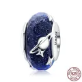 S925 sterling silver dark blue faceted glass bead with 3D planet and star charms - Deep Blue Galaxy Planet