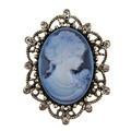Vintage cameo brooch with blue profile relief and golden rhinestone frame design - Blue Cameo