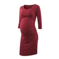 Red maternity bodycon dress with 3/4 sleeves and flattering side ruching detail - S / Burgundy