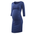 Blue long sleeve maternity bodycon dress featuring side ruching and elastic fabric - S / Navy Blue
