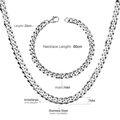 Dettaglio del set collana e bracciale cubano in acciaio 7mm con indicazioni sulle misure - Collana 60cm + Bracciale 22cm / Argento-60cm
