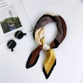 Pleated silk scarf with geometric color block patterns in yellow, brown, and black - 16 Pleated Four-color Patchwork Yellow