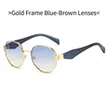 Polygonal gold frame sunglasses with blue-yellow gradient lenses and modern metal design - Gold Frame Blue Tea Lens