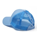Light blue ponytail trucker hat detail showing breathable mesh back and rear opening - No Label Ponytail Cap / Sky Blue