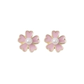 Pink five-petal flower earrings with a white pearl center and elegant gold finish - Stud Earrings / Pink Gold