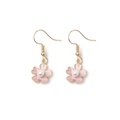 Pink cherry blossom drop earrings with gold trim and central pearl on white background - Earring Hooks / Pink Gold