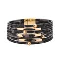 Multi-layer leather wrap bracelet with grey camouflage patterns and gold metal accents - Black Leopard