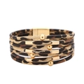 Detail view of multi-layer wrap bracelet with leopard print leather and golden magnetic clasp - Light Coffee Leopard