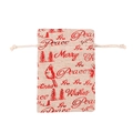 Beige burlap Christmas gift bag with red Peace print and drawstring closure - Red Peace Dove