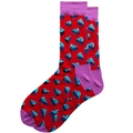 Vibrant red crew socks with purple trim and creative blue cheese pattern design - Red Cheese