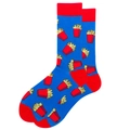 Royal blue mid-calf cotton socks with red trim and vibrant cartoon french fries patterns - French Fries