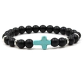 Men's matte black beaded bracelet featuring a turquoise stone cross with silver spacers - Matte Black + Turquoise Cross