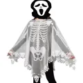 Detail van de witte Halloween-cape van gaas met zwarte skelet- en schedelbedrukking - 112x112cm Klein / Wit