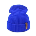 Classic navy blue cable knit beanie with thick fold-over cuff and brown leather label - 52-60CM / Blue