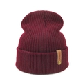 Winter knitted beanie hat in burgundy color with ribbed texture and leather patch detail - 52-60CM / Burgundy