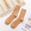 Thick khaki coral fleece sleep socks in warm feather yarn for men, flat lay view - One Size / Light Coffee