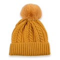 Winter cable knit pom-pom beanie hat in mustard yellow with ribbed cuff design - Yellow