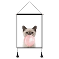 Nordisches Wandbild mit niedlicher Katze und rosa Blase auf weißem Hintergrund als Poster - Katze bläst Blasen