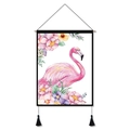 Pink flamingo watercolor wall hanging tapestry with floral accents and black tassels - Flamingo & Flowers