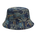 Dettaglio della stampa a palma tropicale sul cappello da pescatore in tela blu con cuciture - Nero e Blu Doppio Lato