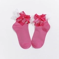 Pink Lolita crew socks for girls featuring white lace trim and delicate ribbon bows - One Size / Red