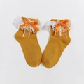 Yellow Lolita short socks featuring white lace trim and an orange bow ornament - One Size / Yellow