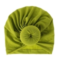 Detailed view of olive green knitted baby donut turban hat with soft fabric texture. - One Size / Fruit Green
