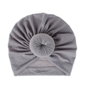 Close-up of a grey soft knit baby turban hat with a decorative donut knot - One Size / Light Gray