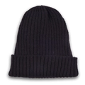 Detailed view of the ribbed knit texture and wide folded cuff of this black beanie hat - Black