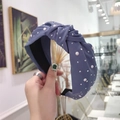 Elegant wide knotted headband in dusty blue fabric with pearls and rhinestones detail - Blue