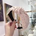 Pink fabric wide knotted headband with inlaid pearls and rhinestones for women - Beige