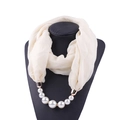 Detailed macro view of cream chiffon scarf necklace with elegant white faux pearls - 180*70cm / Beige