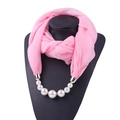 Detailed view of pink chiffon scarf necklace with pearls and gold beads on a mannequin - 180*70cm / Pink