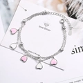 Bracciale a doppio strato in argento con ciondoli a cuore rosa e perline da donna - Rame placcato oro bianco