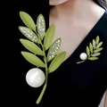 Elegant olive green leaf brooch with clear rhinestones and a large white pearl - Green Leaf with Pearl