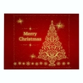 Red linen Christmas placemat with golden scrollwork tree and Merry Christmas text - CD035-3 Gold Christmas Tree / 32*42cm Waterproof Polyester Linen