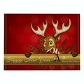 Red cotton linen Christmas placemat with cartoon reindeer and golden bell print - Cd037-21 / 32*21cm (Waterproof Polyester Linen)