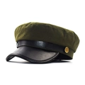 Detail of olive cotton military cap with black leather visor and gold metal button - M (56-58cm) / Army Green
