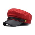 Detail of red fabric baker boy hat with black PU leather brim and gold metal button - M (56-58cm) / Red