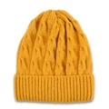 Detailed view of ginger yellow cable knit beanie featuring a thick ribbed cuff texture - Yellow