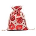Linen Christmas drawstring gift bag with red festive glitter patterns on beige fabric - Red Heart Ornaments