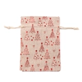 Linen Christmas gift drawstring bag with red reindeer and tree print on beige background - Red Christmas Tree